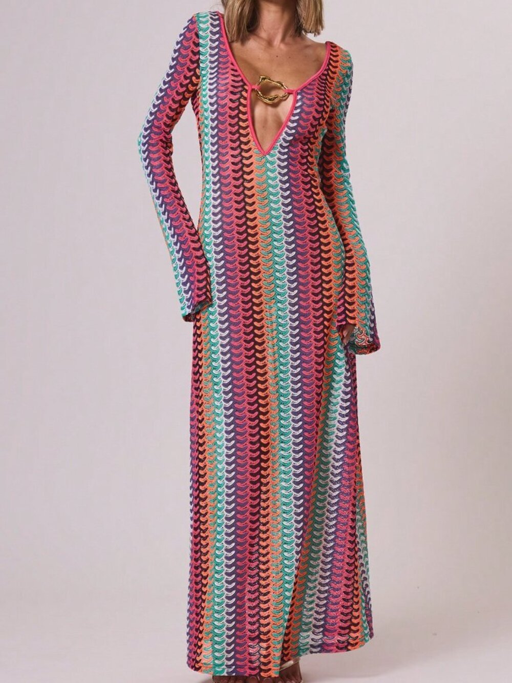Multicolor Textured Knit Women's Elegant Maxi Dress with Cut-Out Sleeves - Picture 4 of 6
